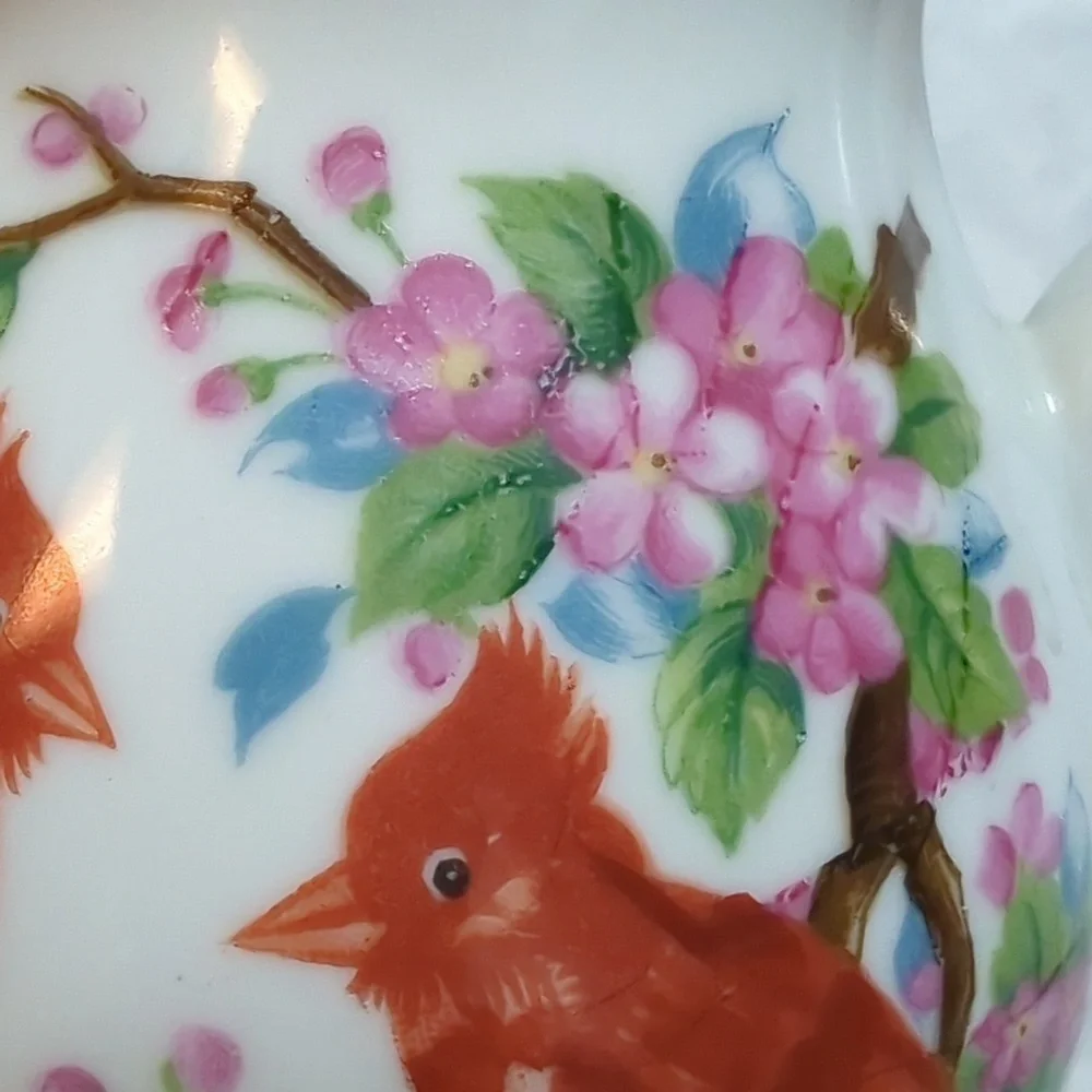 Vintage Noleans Japan Hand Painted Cardinal Birds Cherry Blossom Ceramic Pitcher